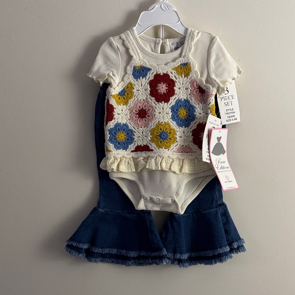 Rae Dunn Floral Crochet Tank & Denim Ruffle Skirt Set - Cream/Multi